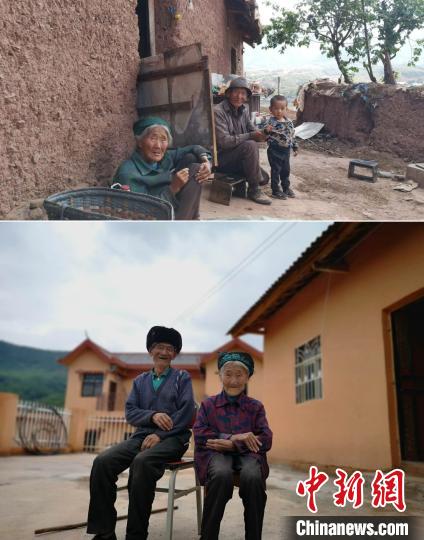 上圖為甲甲溝村村民羅木你坡夫婦所住的舊房，下圖為夫婦倆遷入的新居。(拼版圖) 張浪 攝